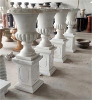 Pair of White Marble Urns on Base
