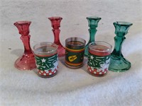 F7)2 red and 2 green candlestick holders & smaller