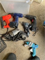 Assorted drills, stapler, glue gun