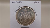 1962 Canadian 800 Silver 1/2 Dollar  M S - 63