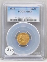 1926 Gold $2.50 Indian Head PCGS Graded MS 63.