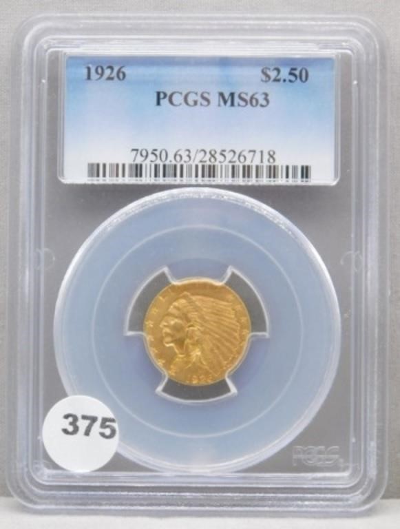 1926 Gold $2.50 Indian Head PCGS Graded MS 63.