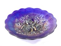 Cobalt Blue Iridescent Carnival Glass Bowl 9.25"D