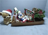 Flat of Christmas items, teddy bear bank