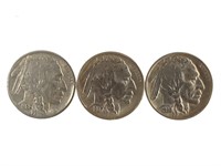 3 Buffalo Nickels; 1936 S/S, 1937 S, 1938-D