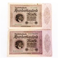 Lot 2 Germany 100000 Mark Notes Dated 1923