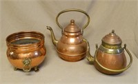 Copper Kettles and Planter.