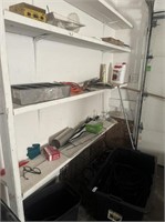 NW Corner of garage crate, 2 totes, pressure hose