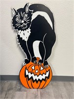 Vintae black cat on a pumpkin wooden halloween