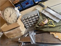 Misc. lot- Handsaws, Clocks, Boat knife, bolts bon