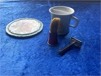 Shaving brush, razor, mustache mug, antique plate