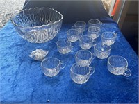 Antique glass punch bowl & 12 cups