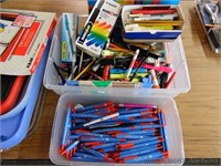 2 Small Bins of Pens, Markers, Post-Its, Etc