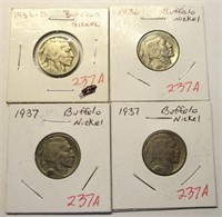 (4) Buffalo Nickels, 1936, 1936 D, (2) 1937