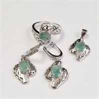 $600 Silver Emerald Ring Earring And Pendant(8ct)