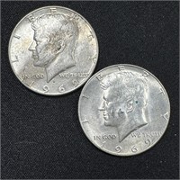 (2) 1969-D Kennedy Silver Half Dollars