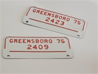 PAIR OF VINTAGGE TAGS-GREENSBORO 75-METAL 7X3"