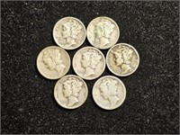 Mercury Dimes - var. dates 1925-1944 (7 coins)