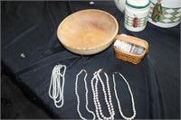 Wood Bowl/Basket/Quilt squares & Necklaces