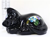 Fenton black sleeping cat w/ flowers
