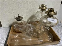 3 vintage kerosene lamps with chimneys