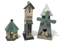 3 wooden bird houses & windmill 
Tallest is 13