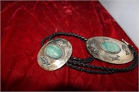 MATCHING BOLO TIE AND BELT BUCKLE  GREEN STONE