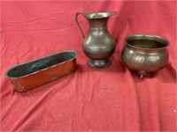 3 BRASS PIECES, PLANTERS, PITCHER