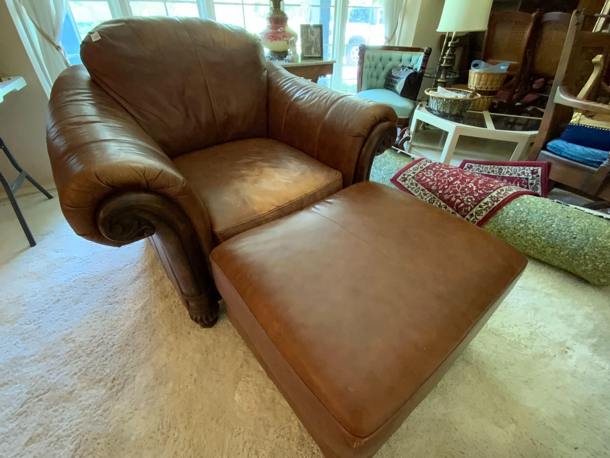 Brown Leather Oversized Arm Chair & Ottoman