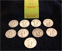 9 Standing Liberty Quarters 90% silver  worn