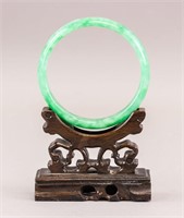 Chinese Green and White Jadeite Carved Bangle