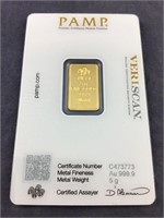 Five Gram .999 Gold Bar; PAMP Certified