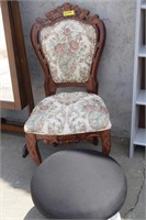 Vintage Wood & Fabric Chair & Foot Stool