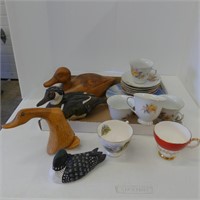 WOOD CARVED DUCKS, CUPS & SAUCERS