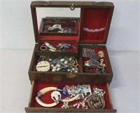 Chinese carved wood Jewellery box and contents