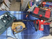 Tool box and tools chain saw, skilsaw nail gun