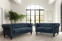 Abbyson Grand Chesterfield Sofa and Love Seat Blue