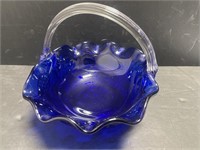 Mid-century Cobalt Blue Glass Basket with Handle.