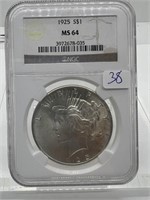 NGC Certified MS64 1925 Peace Silver Dollar
