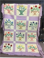 Purple Ruffled Hand Quilted Flower Basket Quilt -