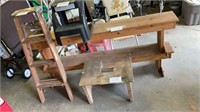 2 wooden benches, plastic stool, wooden stool,