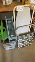 Shelf, 4 drawer plastic tote, chair, watering can