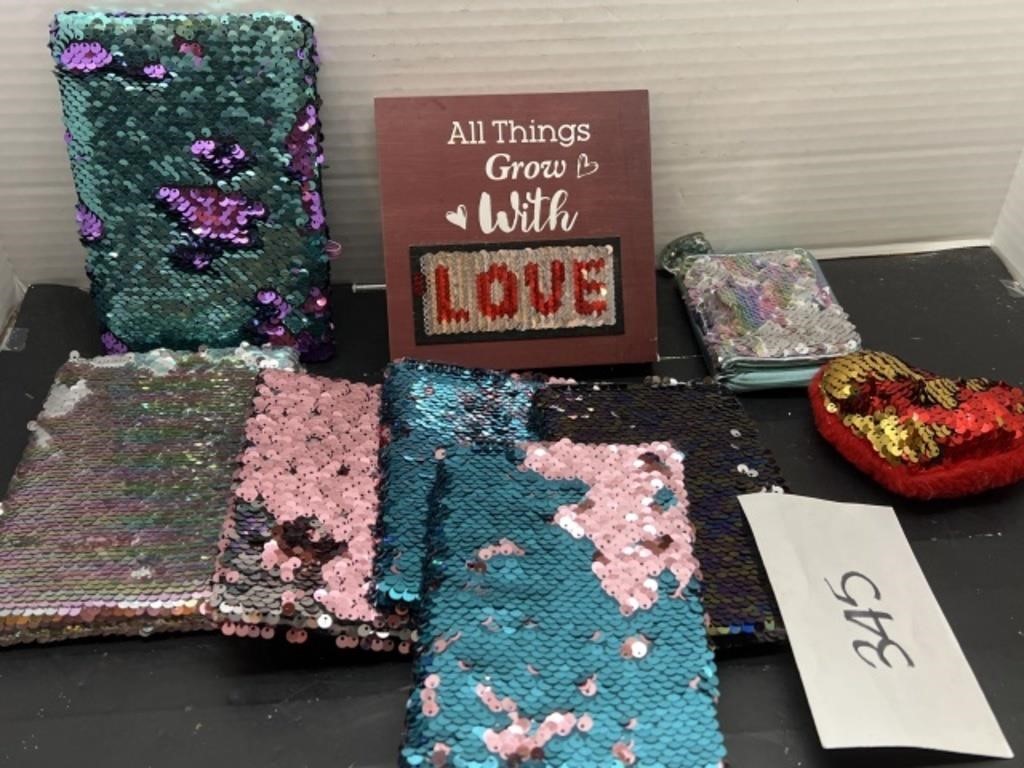 Sequined notebooks and decor