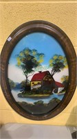 Oval antique reverse painted on glass Watermill.