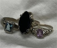 (3) Sterling Silver Rings 7.5 (Black), 8.25 (Blue)