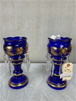 Pair of Cobalt Blue Lustre Vases with Crystals