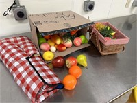 LOT - ARTIFICIAL FRUIT, PICNIC BLANKET, BASKET,