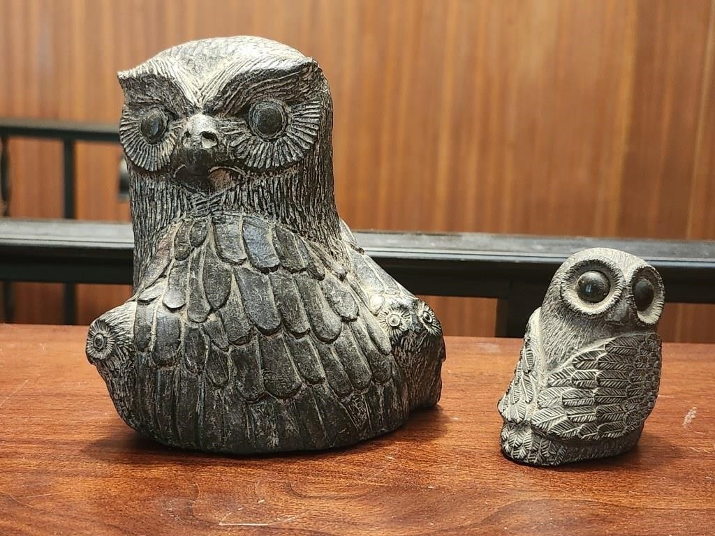 2 Stone Owl Figurines A Wolf Original Sculpture