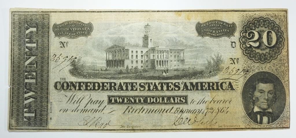 1864 IX SERIES $20 CONFEDERATE NOTE