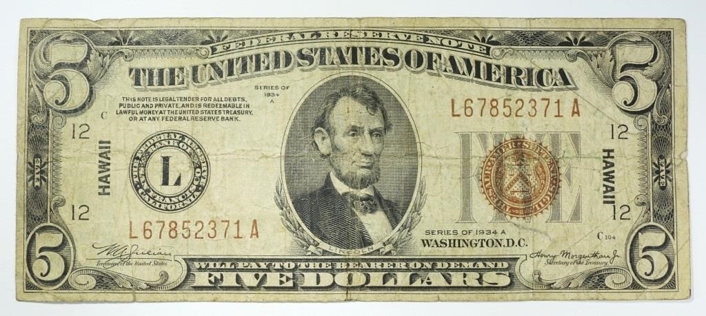 1934 A $5 HAWAII FEDERAL RESERVE NOTE